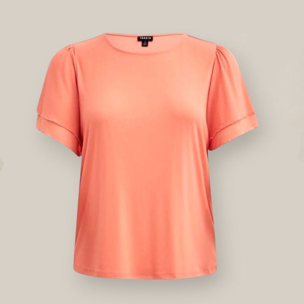 TorridâStretch Mesh & Challis Coral Crew Neck Flutter Sleeve Top Sz 1X - Picture 4 of 11